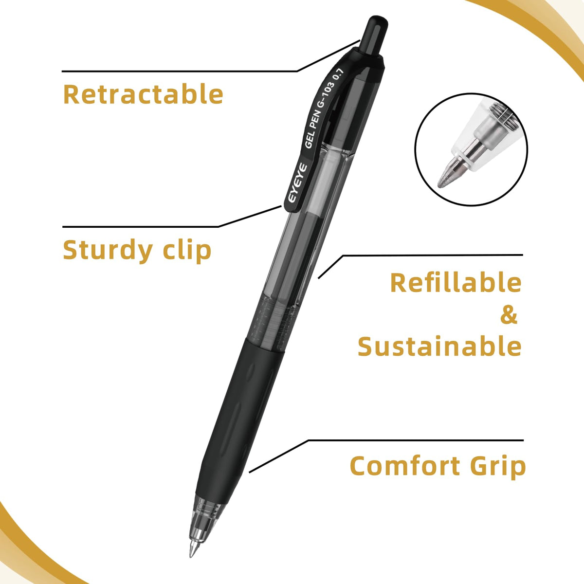 EYEYE G-103 Retractable Gel Pens Black 0.7mm, 25 Pack Medium Point Gel Ink Pens Quick Drying, 0.7