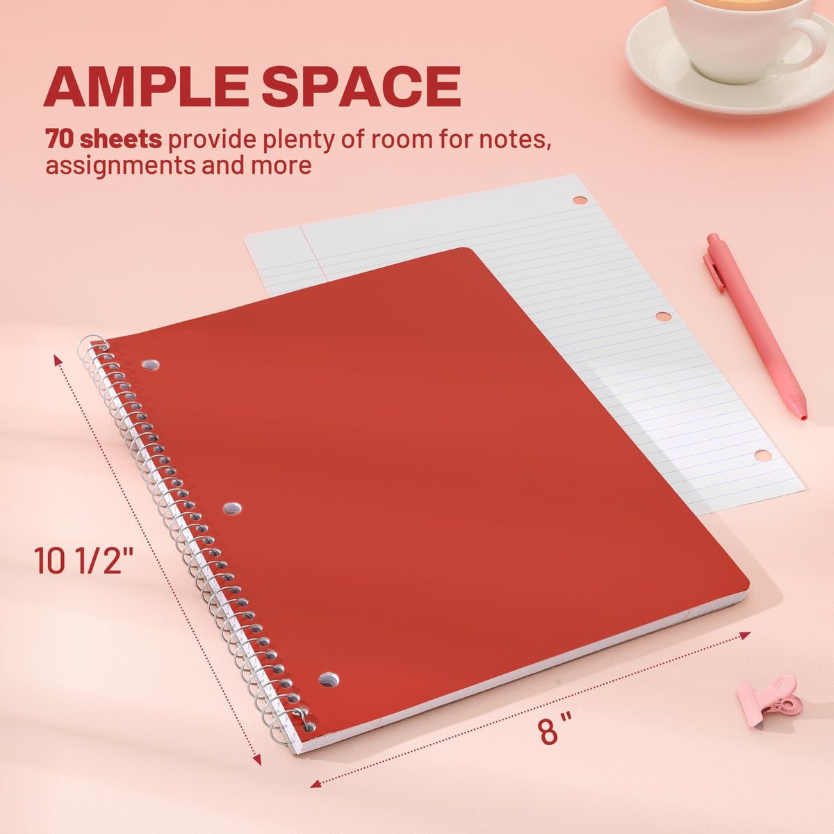 SUNEE Spiral Notebooks, 3 Pack, 1-Subject, College Ruled Paper, 8" x 10-1/2", 70 Sheets per