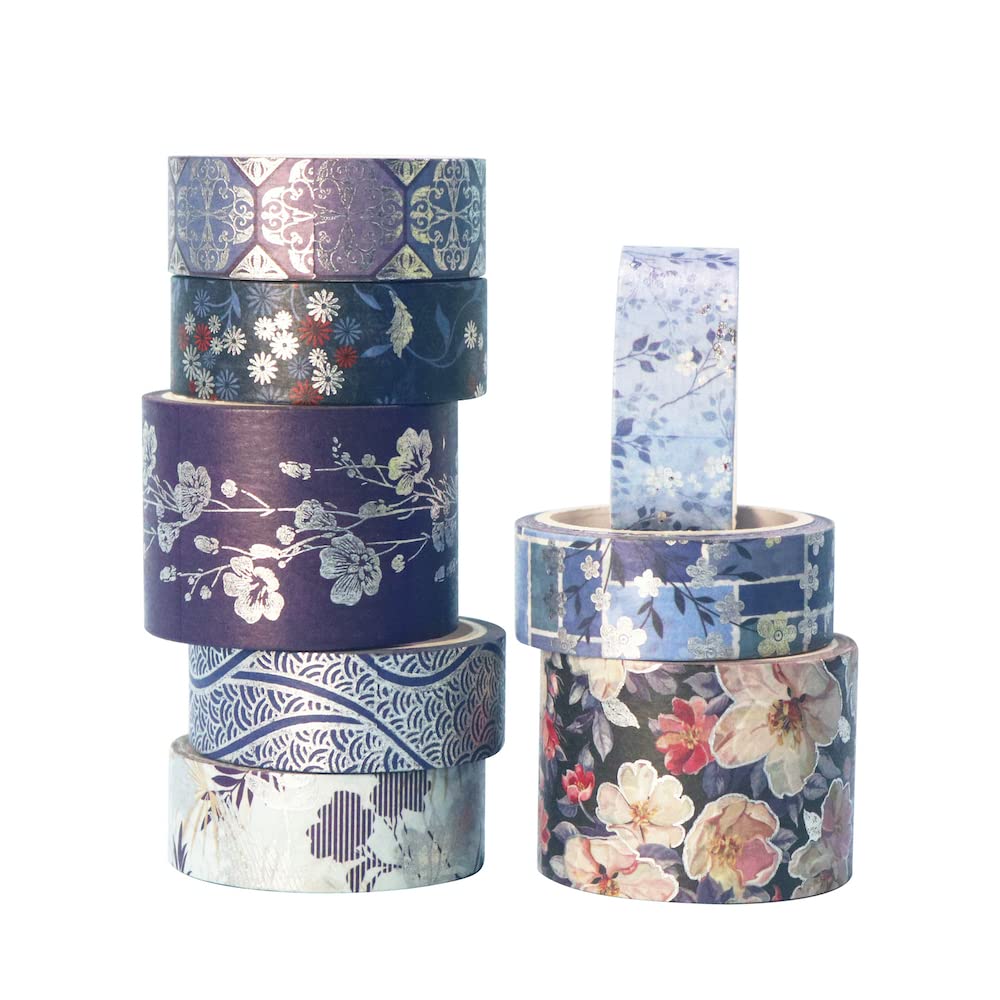 YUBX Elegance Blue Washi Tape Set 8 Rolls Wide Silver Embellishment Decorative Masking Tapes for
