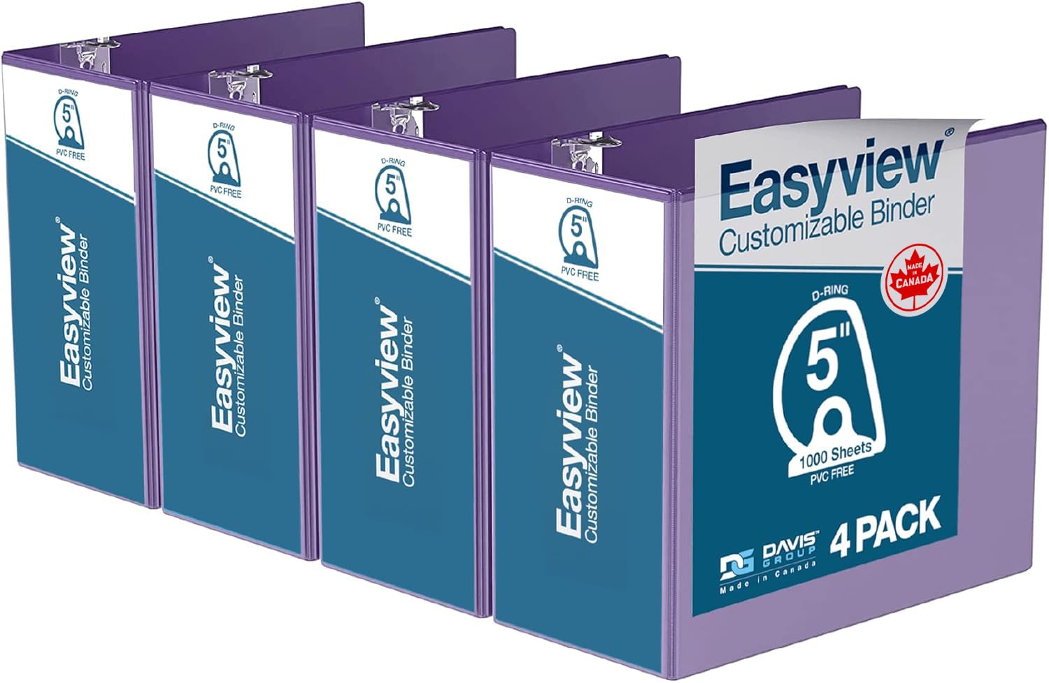 Easyview 3-Ring Binder, Clear-View Cover, 5" D Rings, Purple, 4 Pack