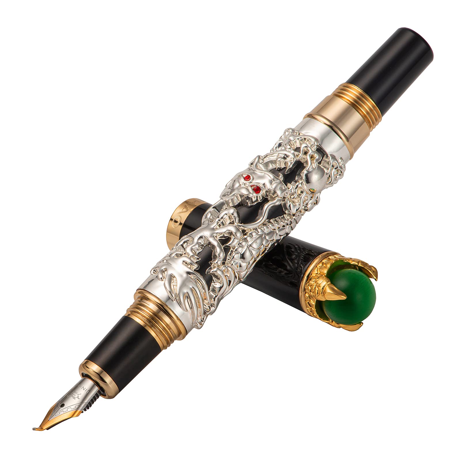 Jinhao Dragon Fountain Pen Bent Nib Intricate Design, Silver Color, Heavy Fude Pen Fine to Broad