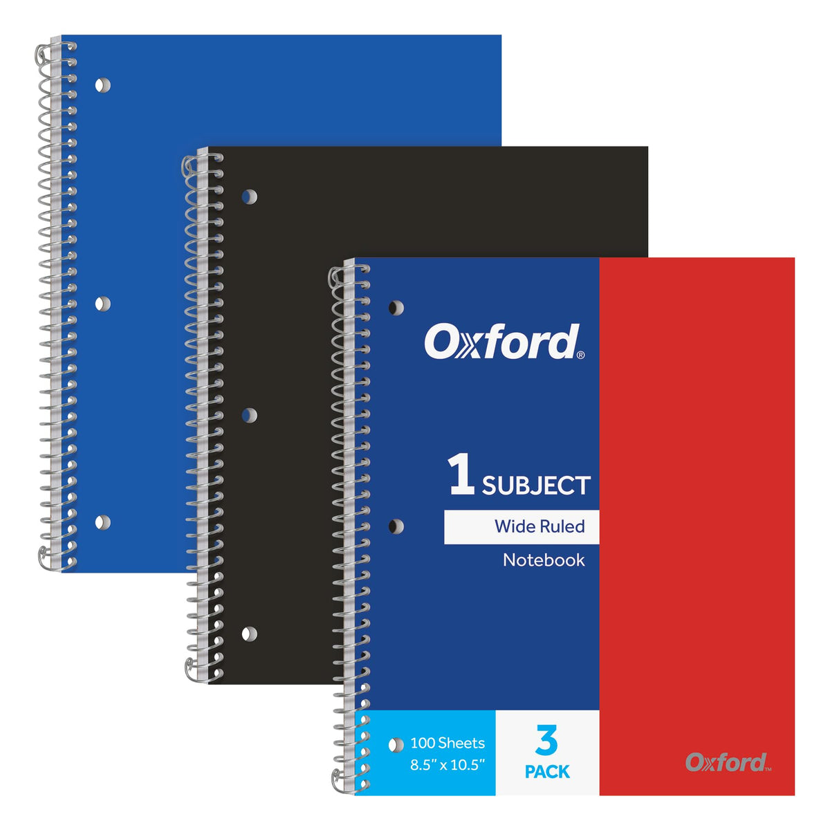 Oxford Spiral Notebooks, 1-Subject, Wide Ruled Paper, Durable Plastic Cover, 100 Sheets, Divider