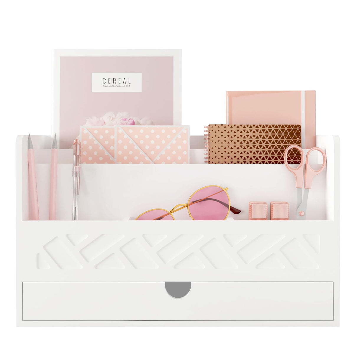Wisuce Bamboo Mail Organizer with Drawer, Countertop Desk Organizer(White)