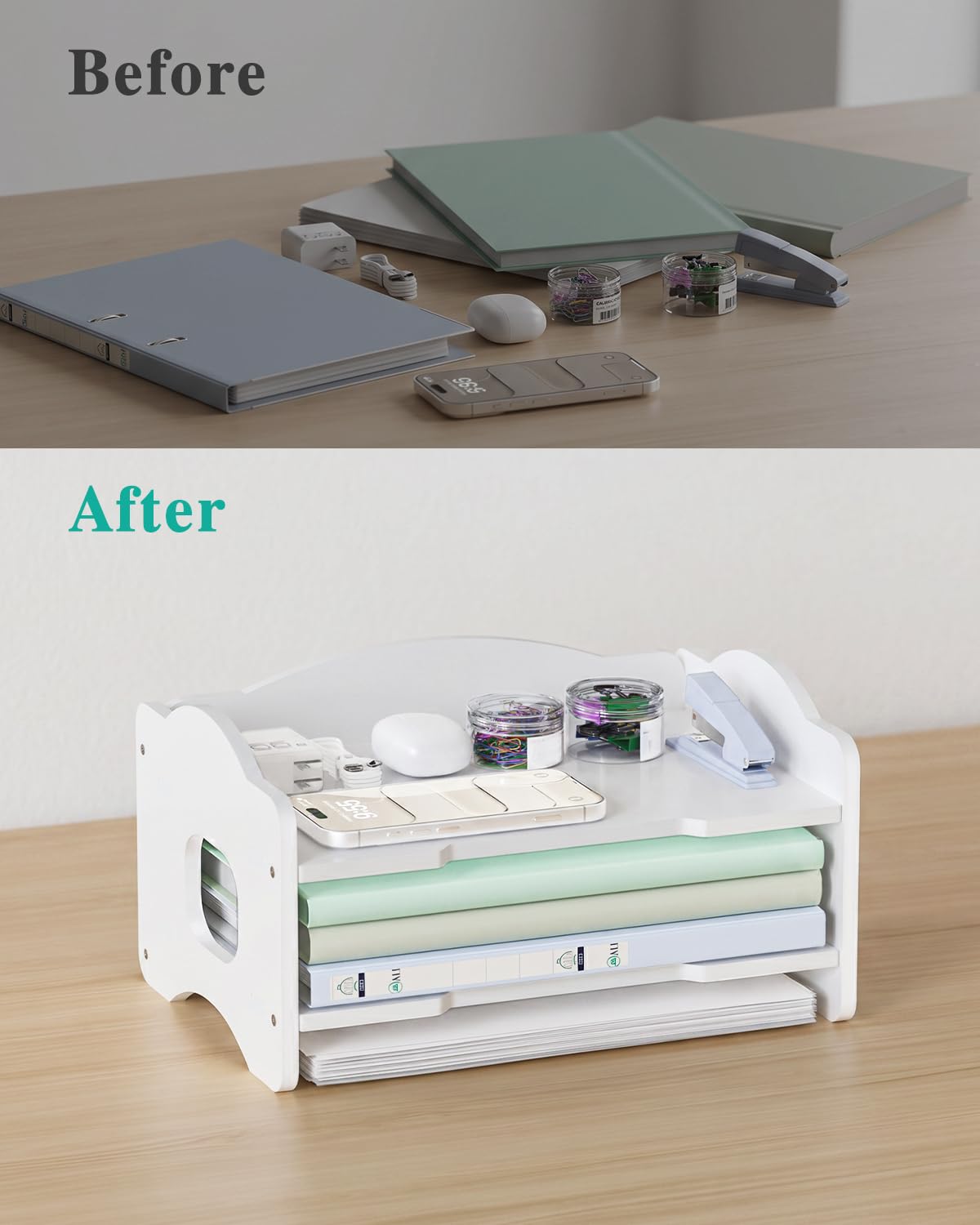 WALI Desk File Organizer, 2 Tier Stackable Desktop Paper Letter Tray Organizer with Handle, Office