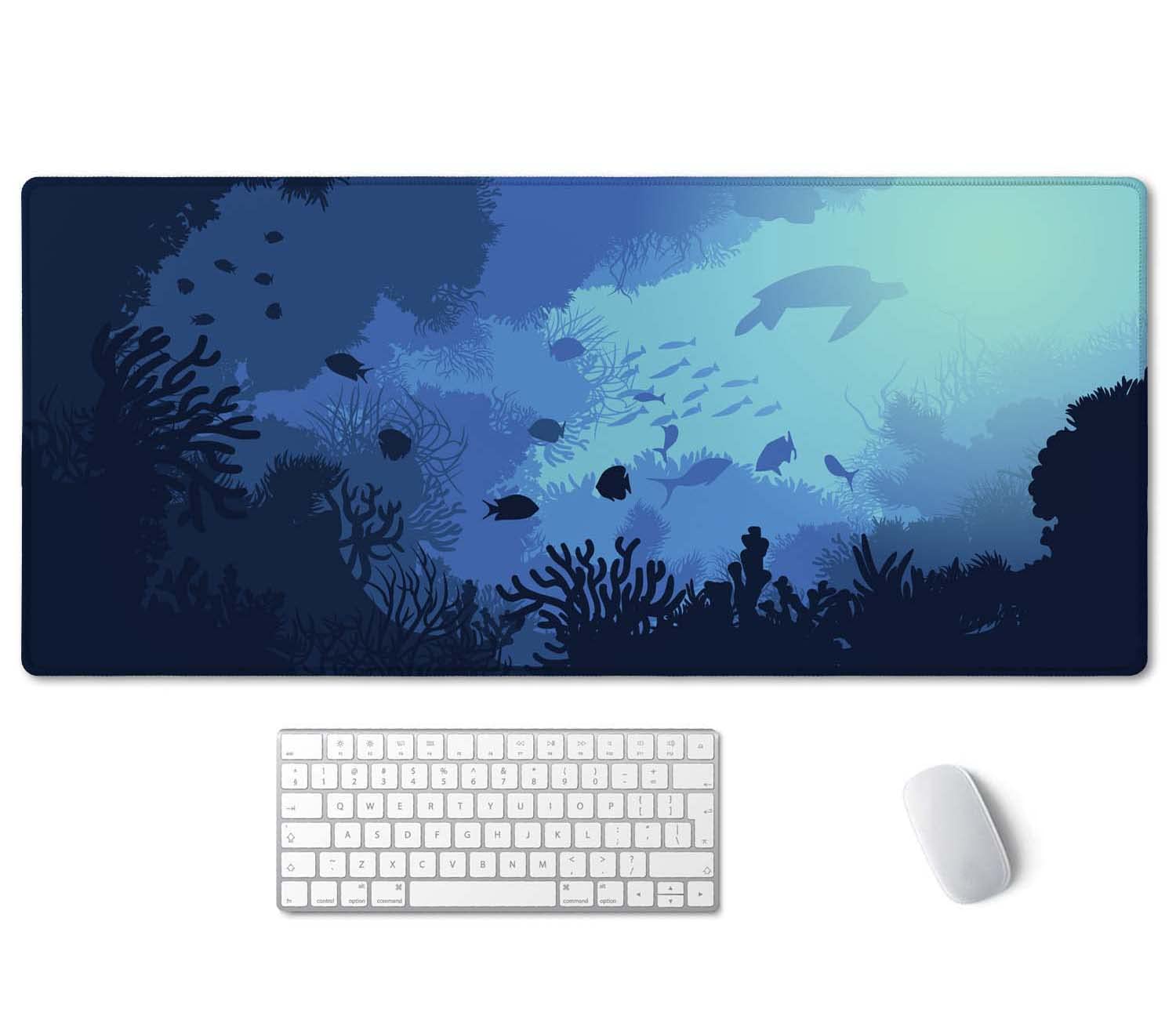SSOIU Blue Ocean Big Turtle Desk Mat, Under The Sea Peaceful Extra Large Mouse Pad, Extended Gaming