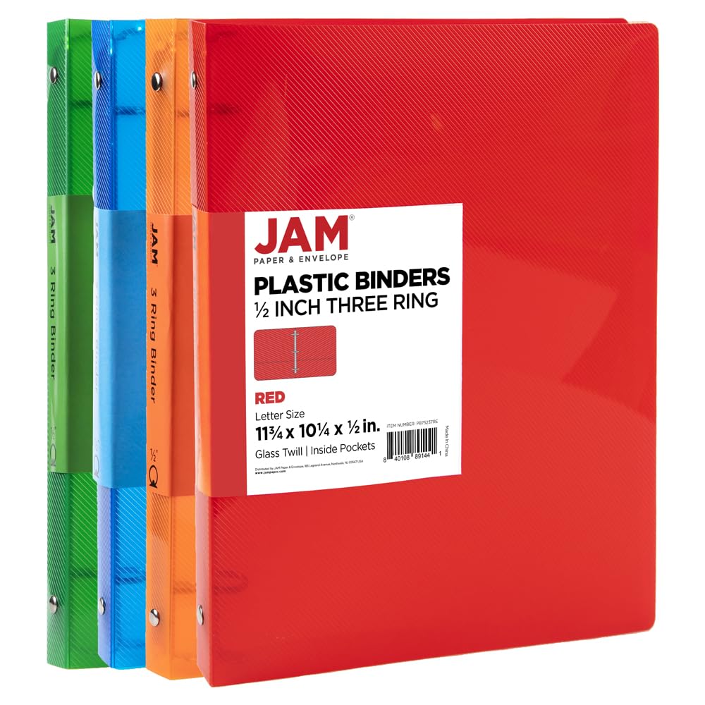 JAM PAPER Plastic 0.5 inch Binders - Assorted 3 Ring Binders (Red, Blue, Green & Orange) - 4/Pack