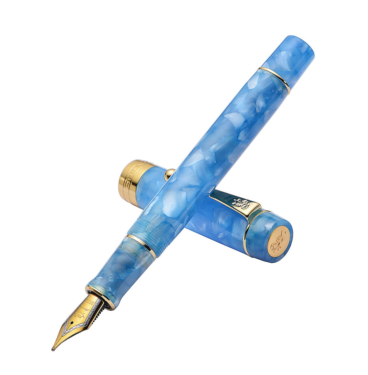 Jinhao 100 Classic Fountain Pen Sky Blue Celluloid Gold Trim, Extra Fine Nib with Converter and Pen