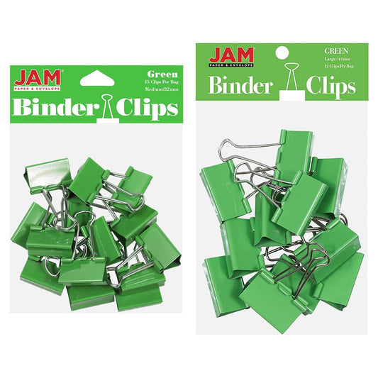 JAM PAPER Colorful Binder Clips Assortment - Medium & Large Size - Green Binderclips - 27 Clips/Pack