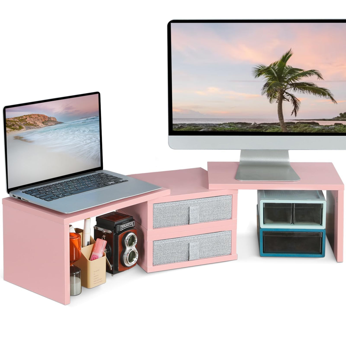 TEAMIX Pink Dual Monitor Stand Riser with 2 Drawers - Length and Angle Adjustable Double Corner
