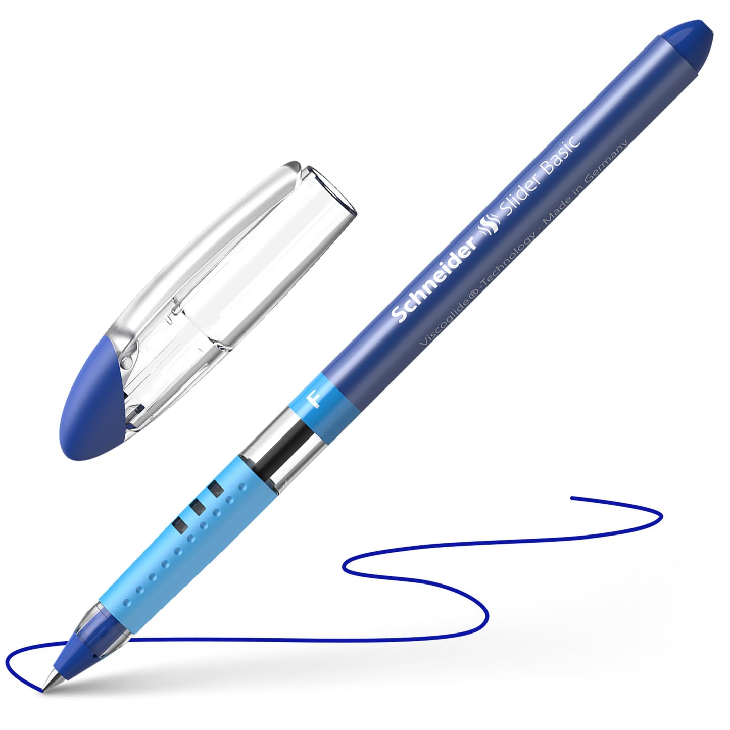 Schneider Slider Basic F (Fine) Ballpoint Pen, 0.7 mm, Transparent Barrel, Blue Ink, Box of 10 Pens