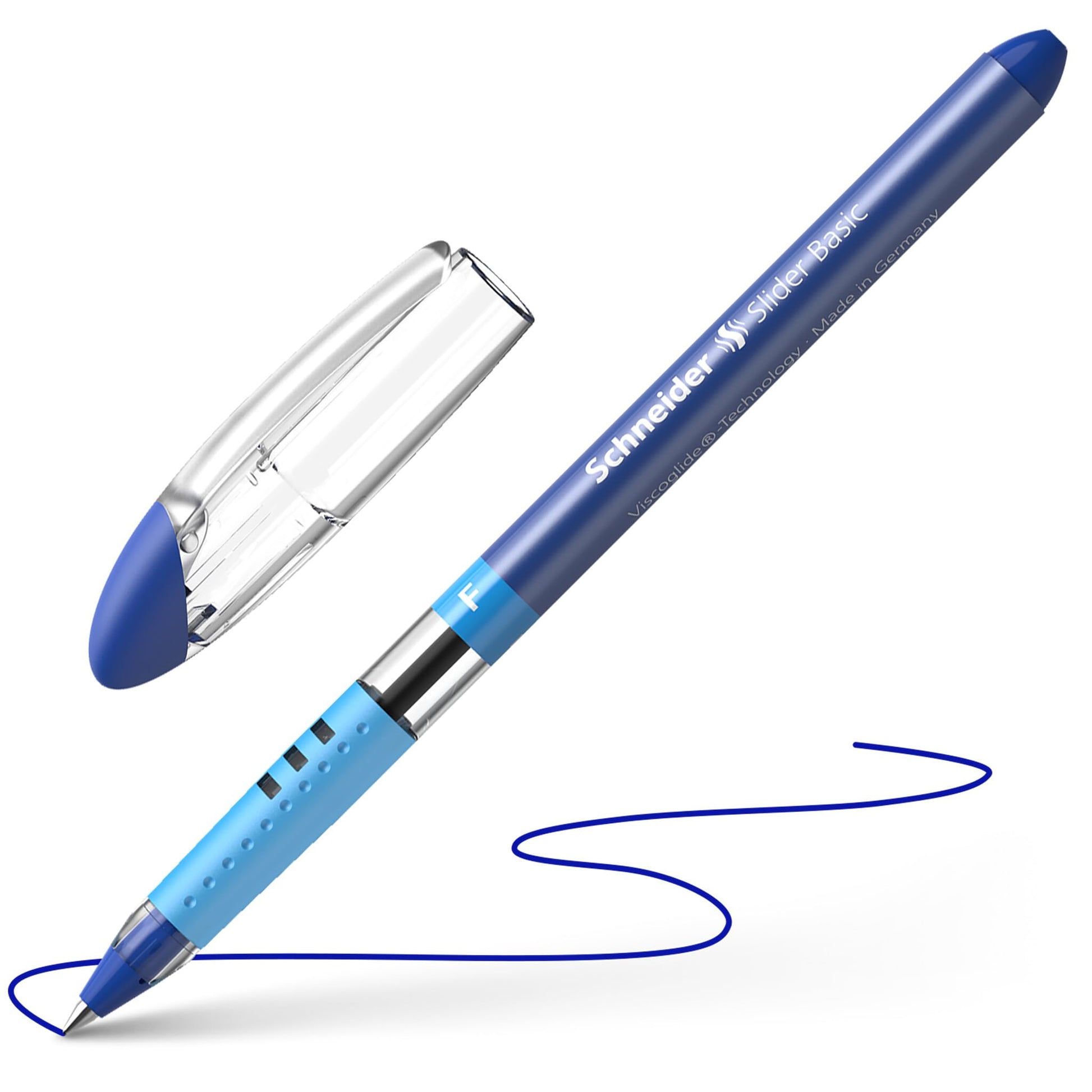 Schneider Slider Basic F (Fine) Ballpoint Pen, 0.7 mm, Transparent Barrel, Blue Ink, Box of 10 Pens