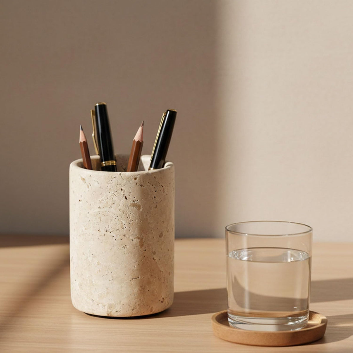 Radicaln Marble Pen Holder For Desk 4" Inches Travertine Handmade Pencil Holder & Pen Holder for