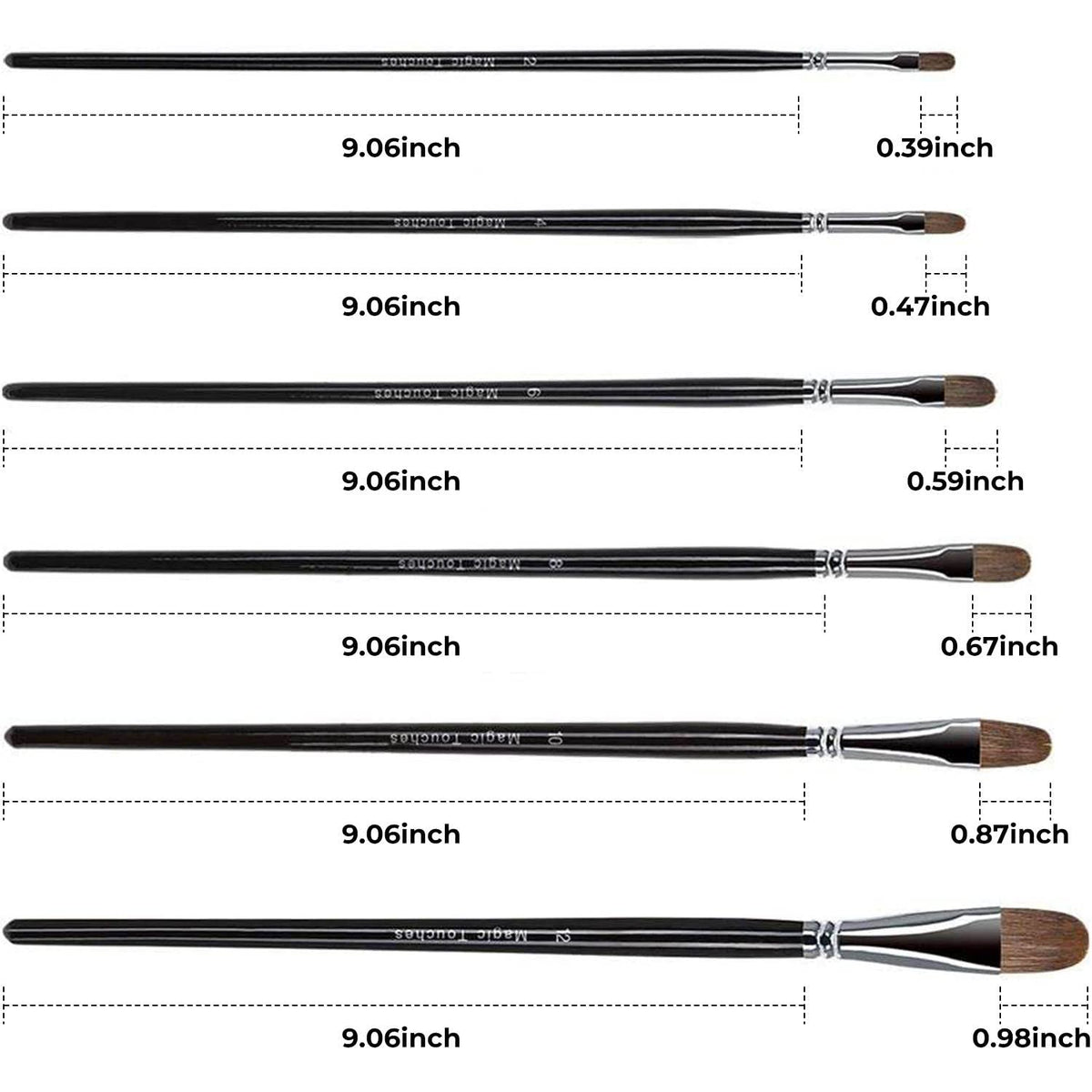 Magic Touches Artist Paint Brush Set (6 Sizes), Natural Sable Filbert Tip, Best Absorption
