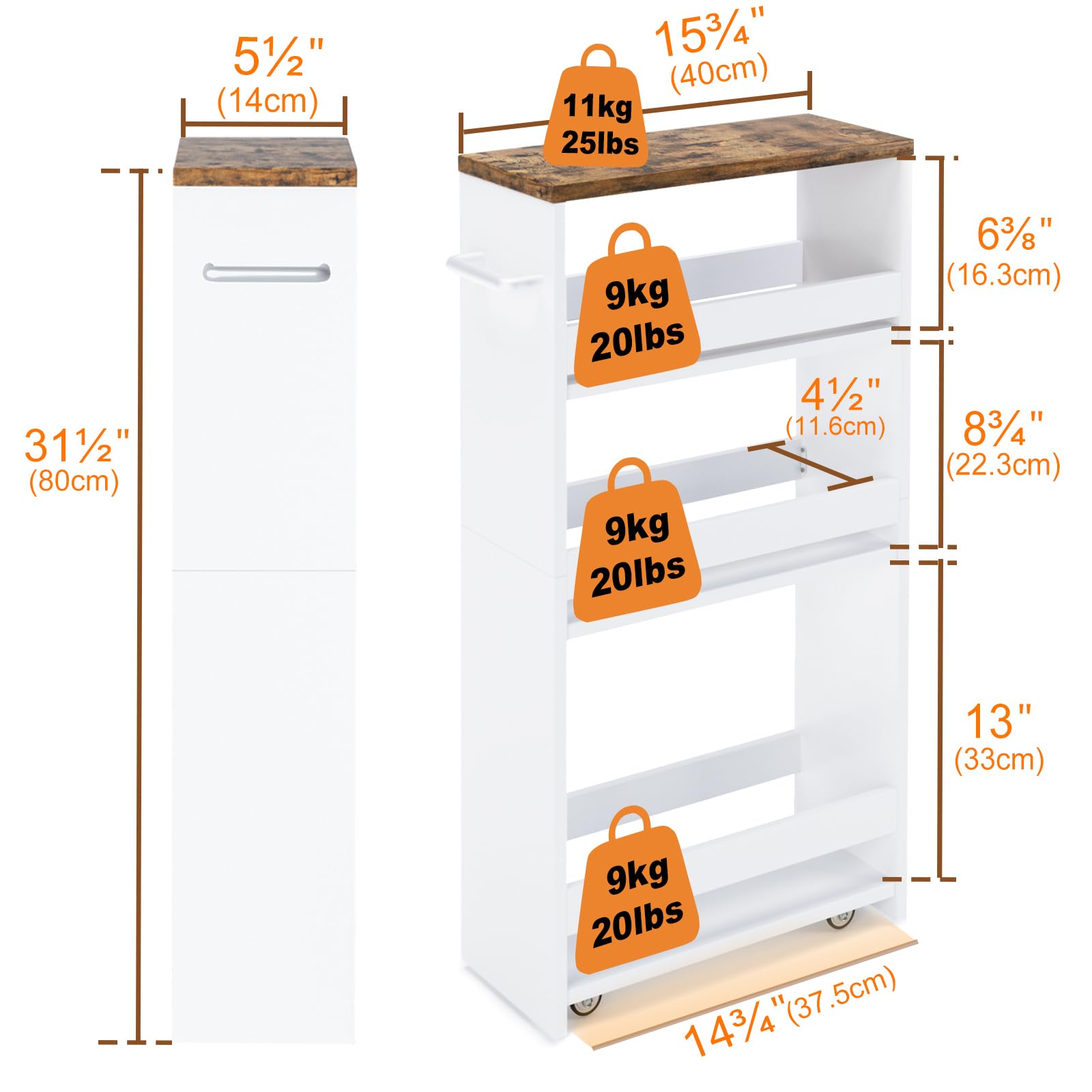 TEAMIX Slim Rolling Storage Cart, Wood 4-Tier Narrow Kitchen/Laundry Cart