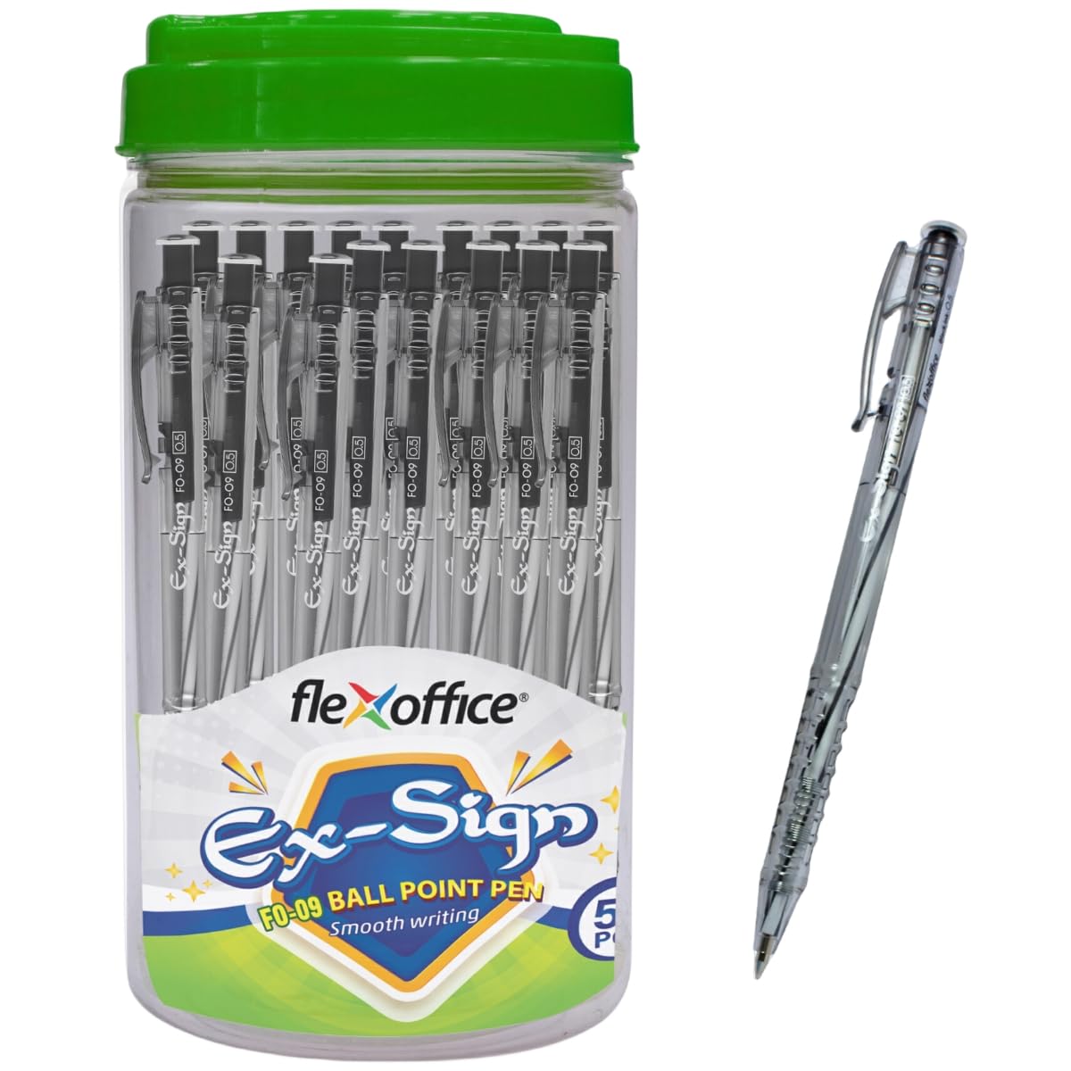 FLEXOFFICE Ballpoint Pens, Black Ink, 0.5mm Fine Point, 50 Count Pack, Quick Smooth Writing, Ball