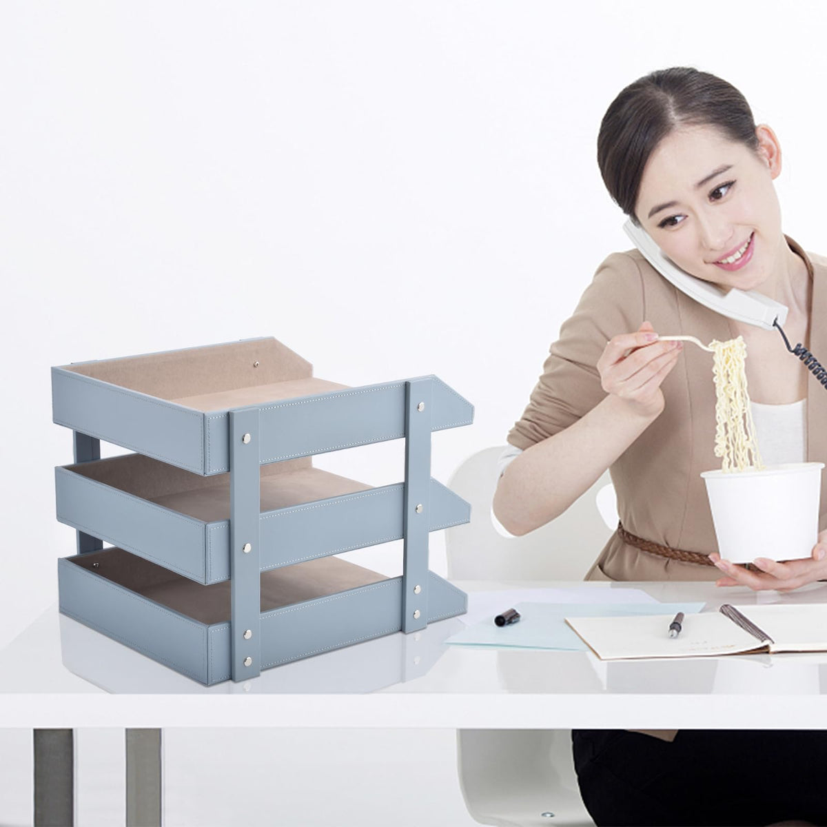 Leather Desk Organize Holder,3-Layer Stackable Letter Tray,Used to Store