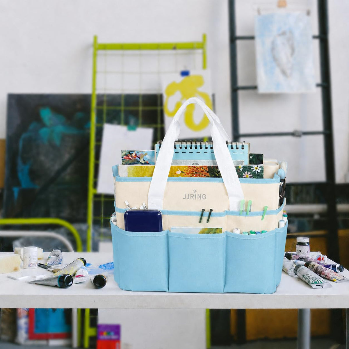 JJRING Craft Organizer Tote Bag Large Art Storage Caddy Sky Blue and Beige