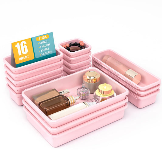 16 PCS Drawer Organizer Set, 4 Size Makeup Drawer Divider Organizer With Non-Slip Pads