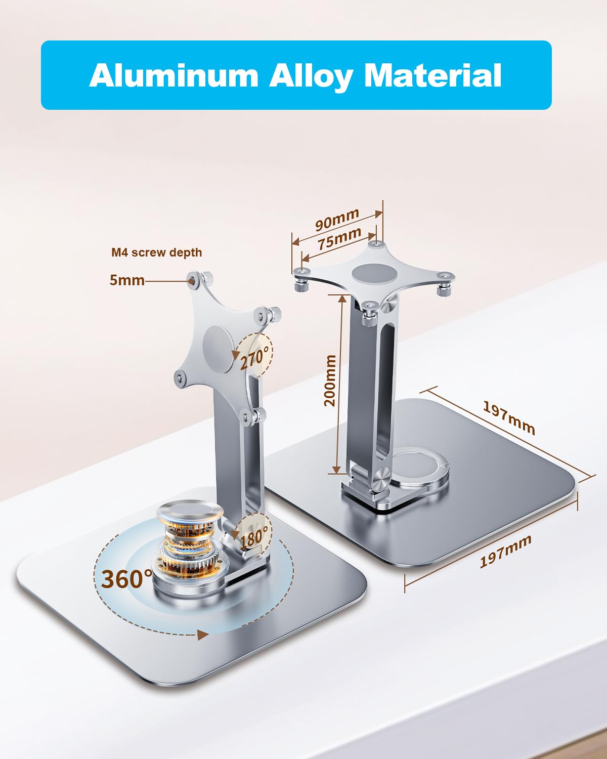 JUNEBOX 75x75mm VESA Monitor Mount Stand, M4 Anti-Loss Screws, Aluminum Alloy Base, Fits 7"-18"