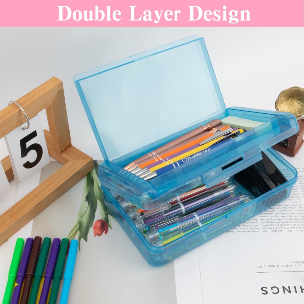 Pencil Case Box, 2 PCS Navy Blue Yellow Double Layer Large Capacity Plastic Pencil Boxs, Clear Hard