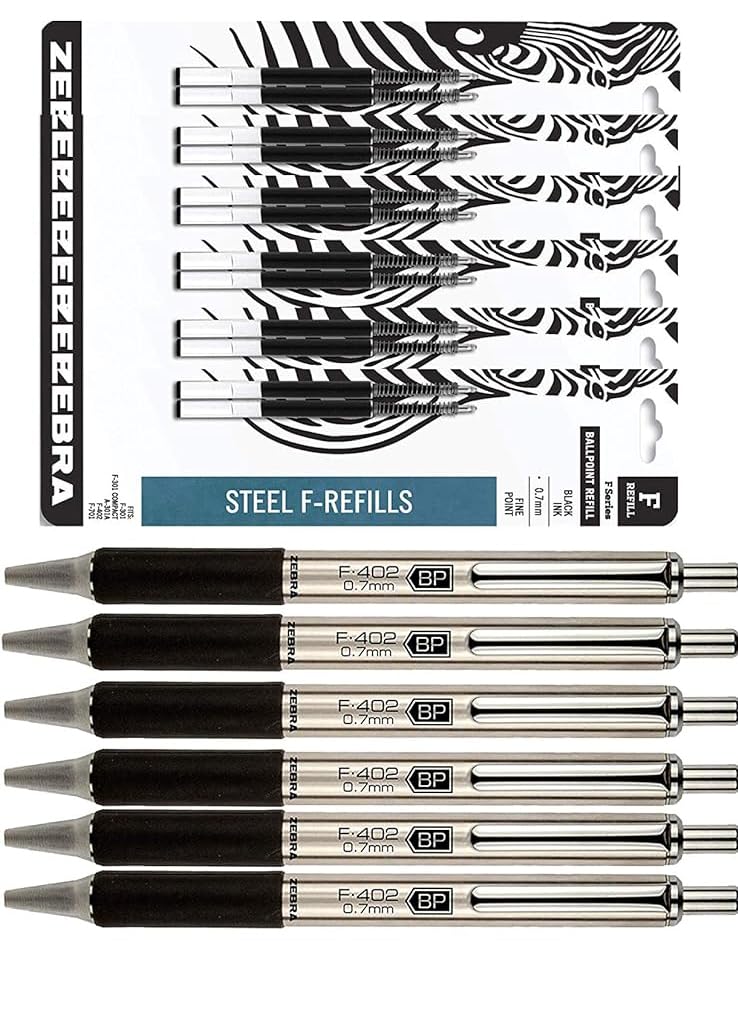 Zebra F-402 Ballpoint Stainless Steel Retractable Pens With Refills, Fine Point, 0.7mm, Black Ink