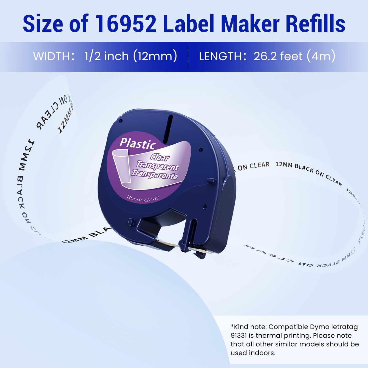 Compatible with DYMO LetraTag Refills Clear Plastic 1/2 x 13 12mm x 4m