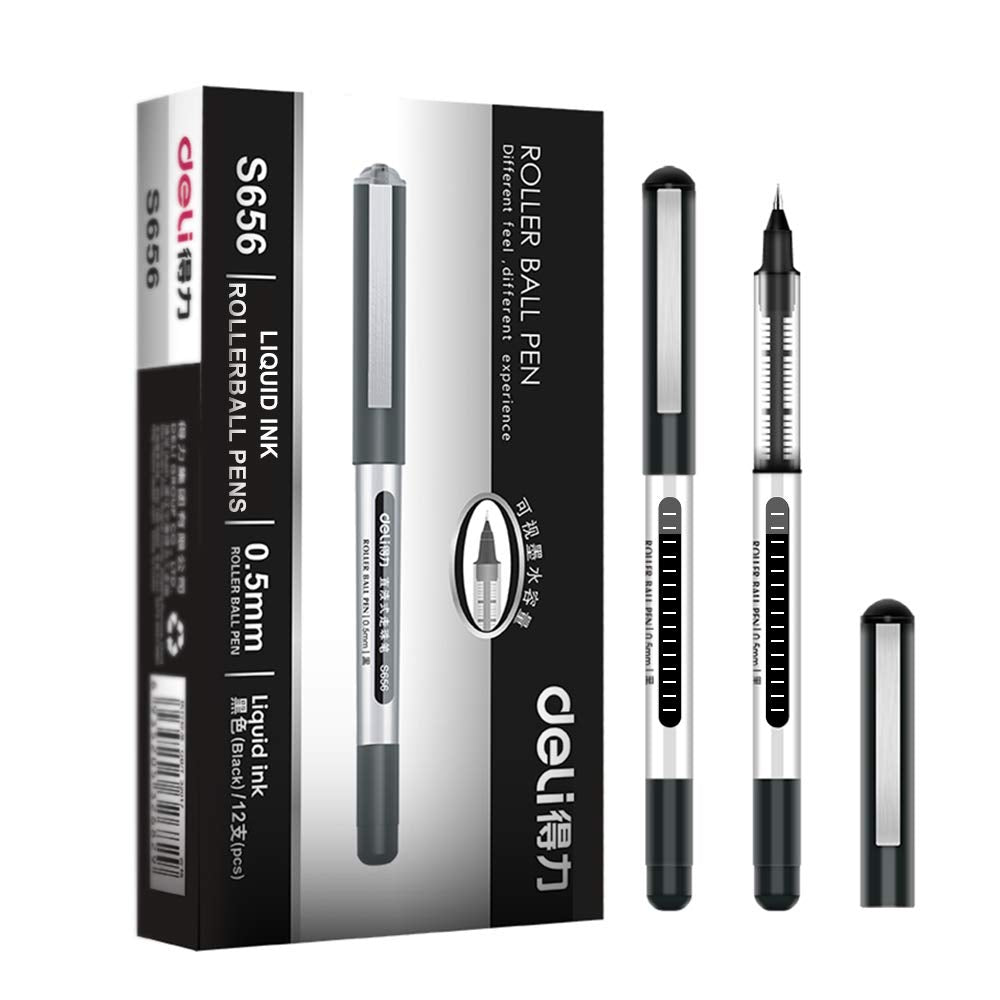 deli 12 Pack Black Rolling Ball Pens, Fine Point Pens, 0.5mm Liquid Ink Pens, Quick Dry, No Smear