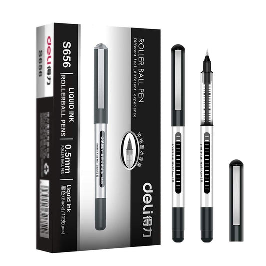 deli 12 Pack Black Rolling Ball Pens, Fine Point Pens, 0.5mm Liquid Ink Pens, Quick Dry, No Smear