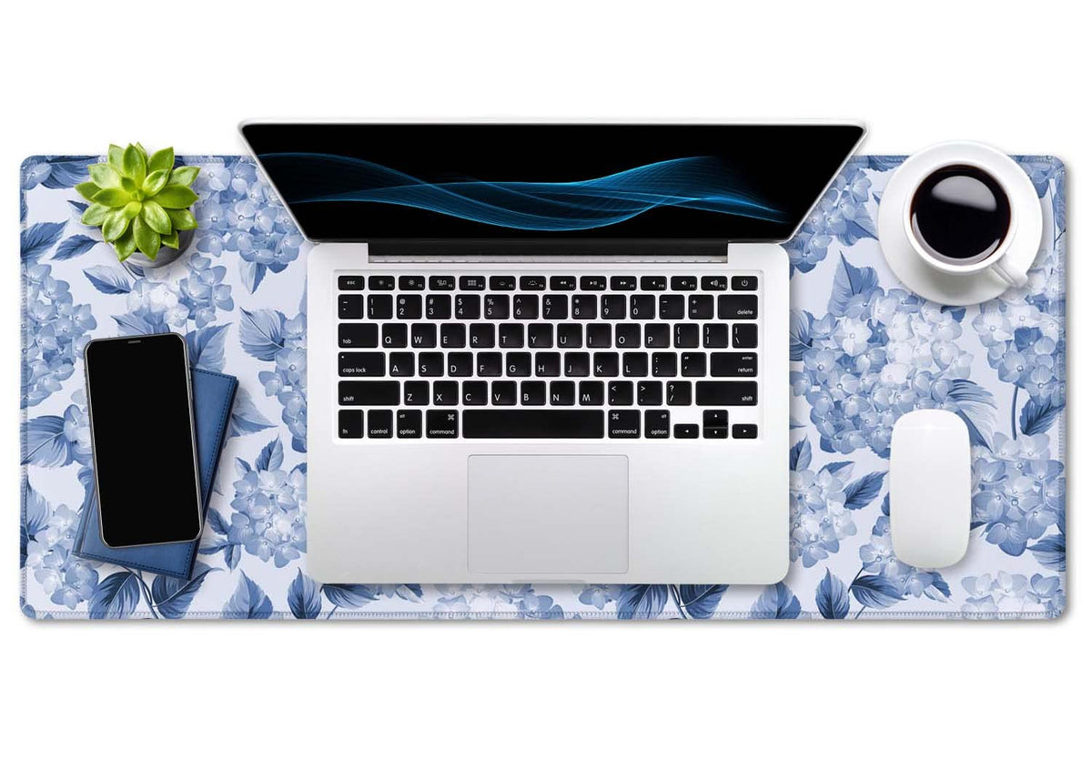 SSOIU Blue Hydrangea Flowers Desk Mat, Floral Large Aesthetic Mouse Pad 35.5" X 15.7", Waterproof