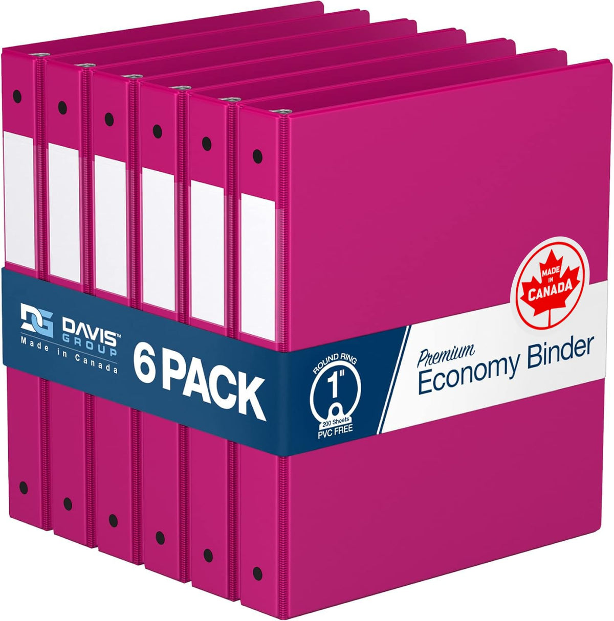 Premium Economy 3-Ring Binder, Spine Label, 1" Round Rings, Pink, 6 Pack