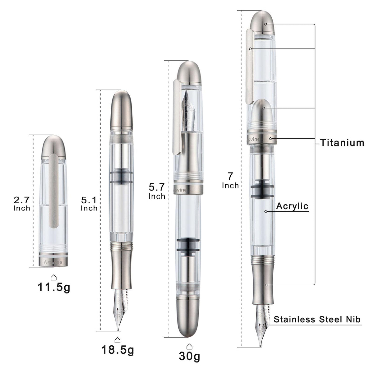 Asvine P36 Titanium Fountain Pen Piston Filling, Iridium Medium Nib Clear Transparent Acrylic