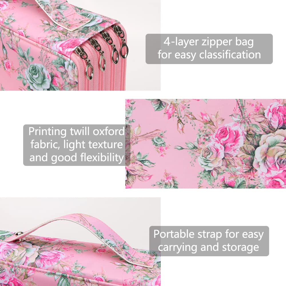 Vomgomfom 200 Slots Pencil Case 4-Layer PU Leather, Handle, Pink Rose
