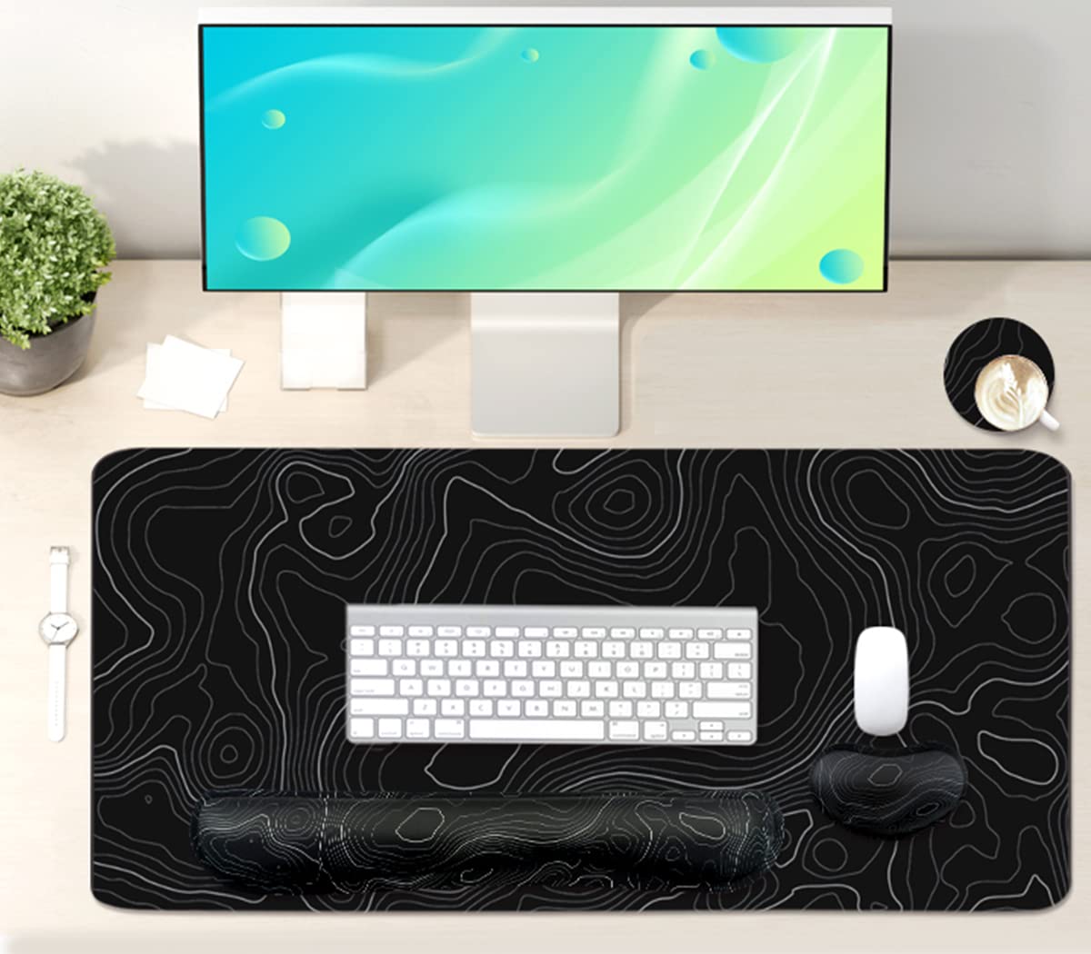 Topographic Large Mouse Pad and Keyboard Wrist Rest, Desk Pad for Keyboard and Mouse, 4-in-1 Large