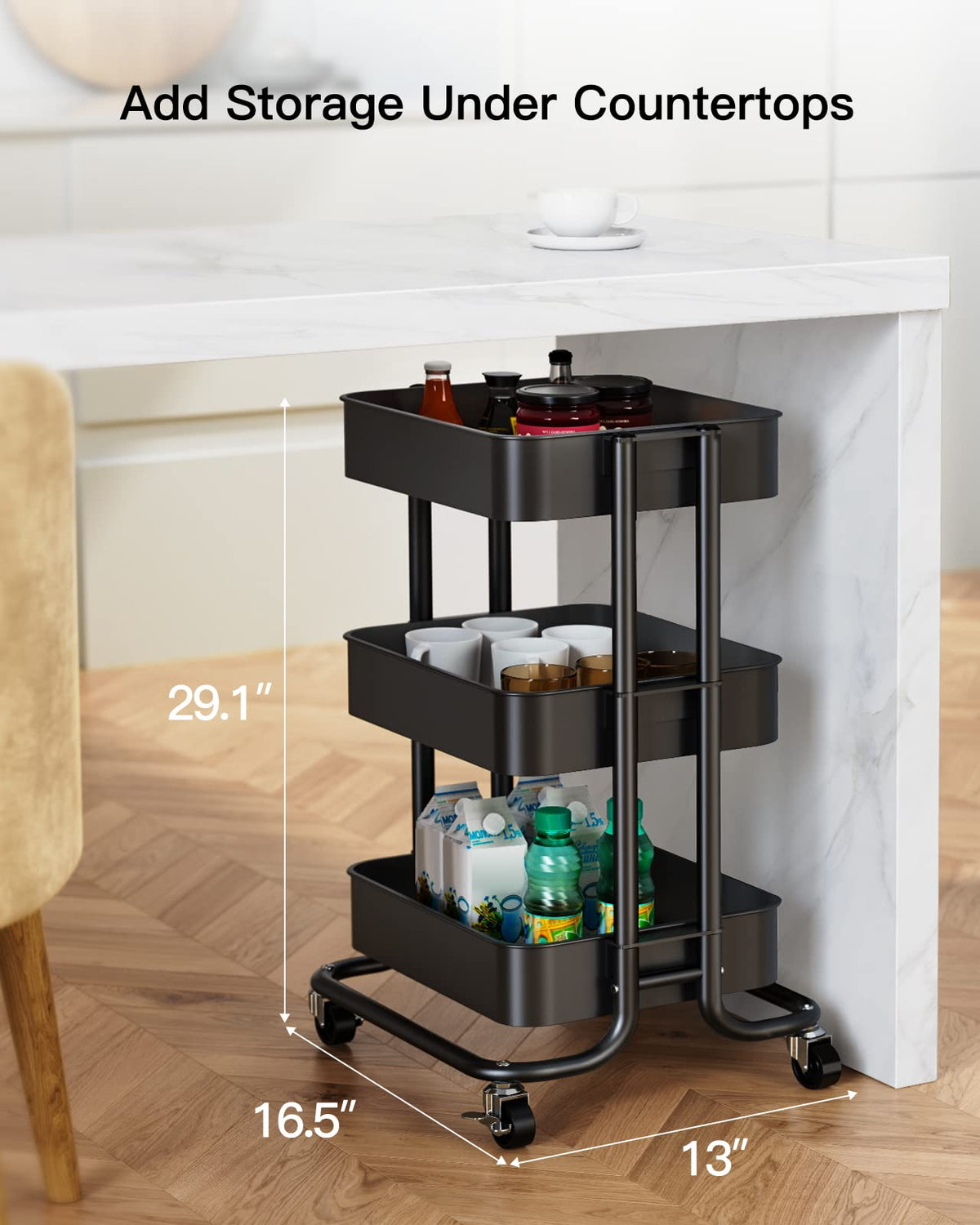 Pipishell 3 Tier Metal Rolling Utility Cart with 2 Lockable Wheels, Black