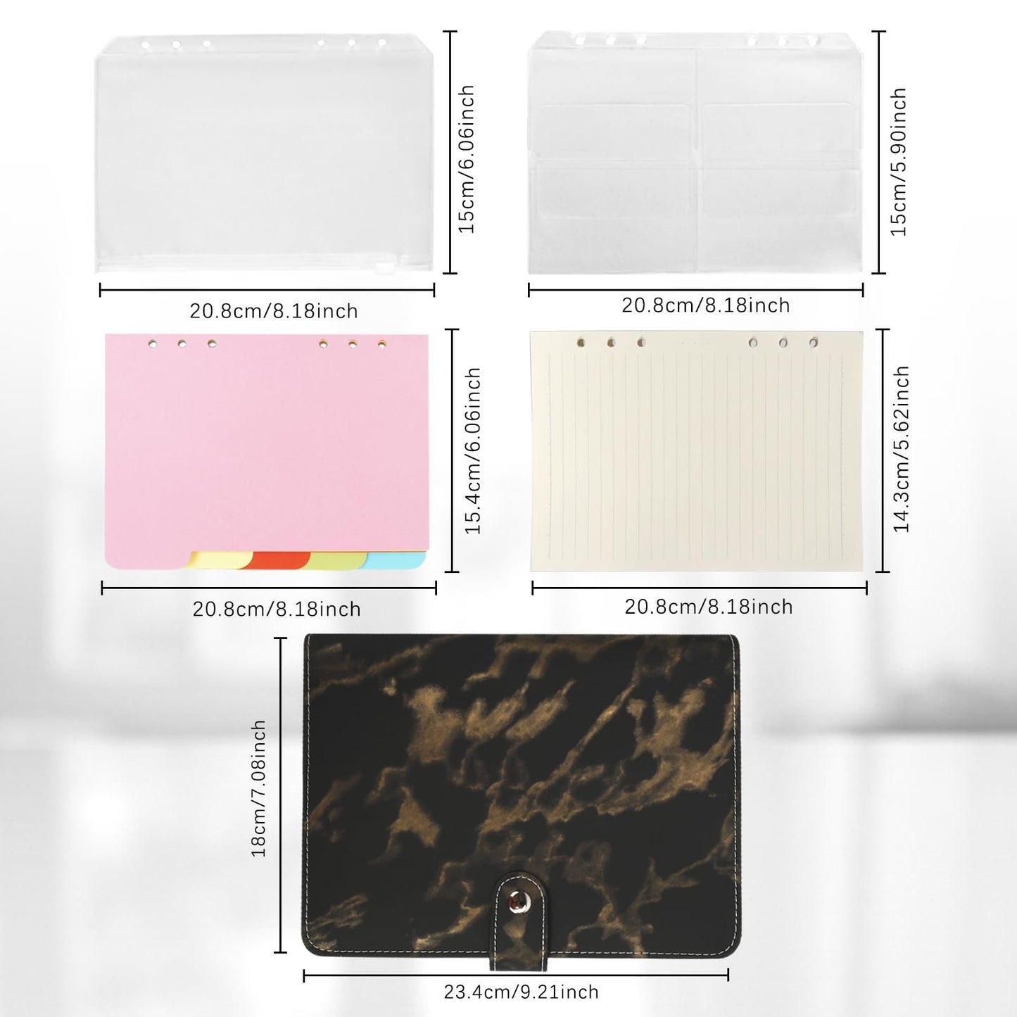FYY A5 Binder Refillable Planner Notebook 6 Ring, Marble Black