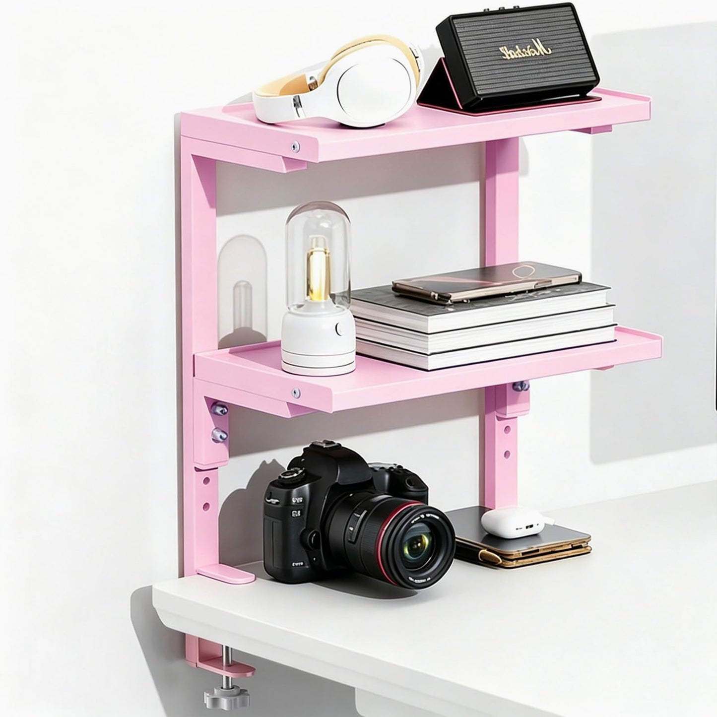 Spacrea Clamp on Desk Shelf, 2 Tier Office Desk Shelves Organizer, Wood Desktop Supplies Storage