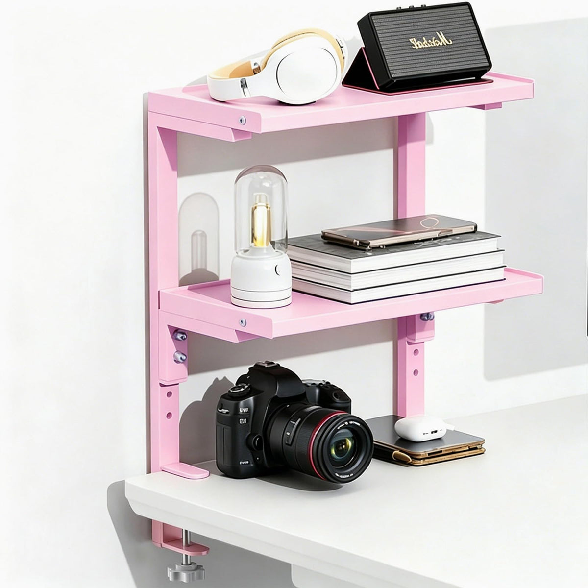 Spacrea Clamp on Desk Shelf, 2 Tier Office Desk Shelves Organizer, Wood Desktop Supplies Storage