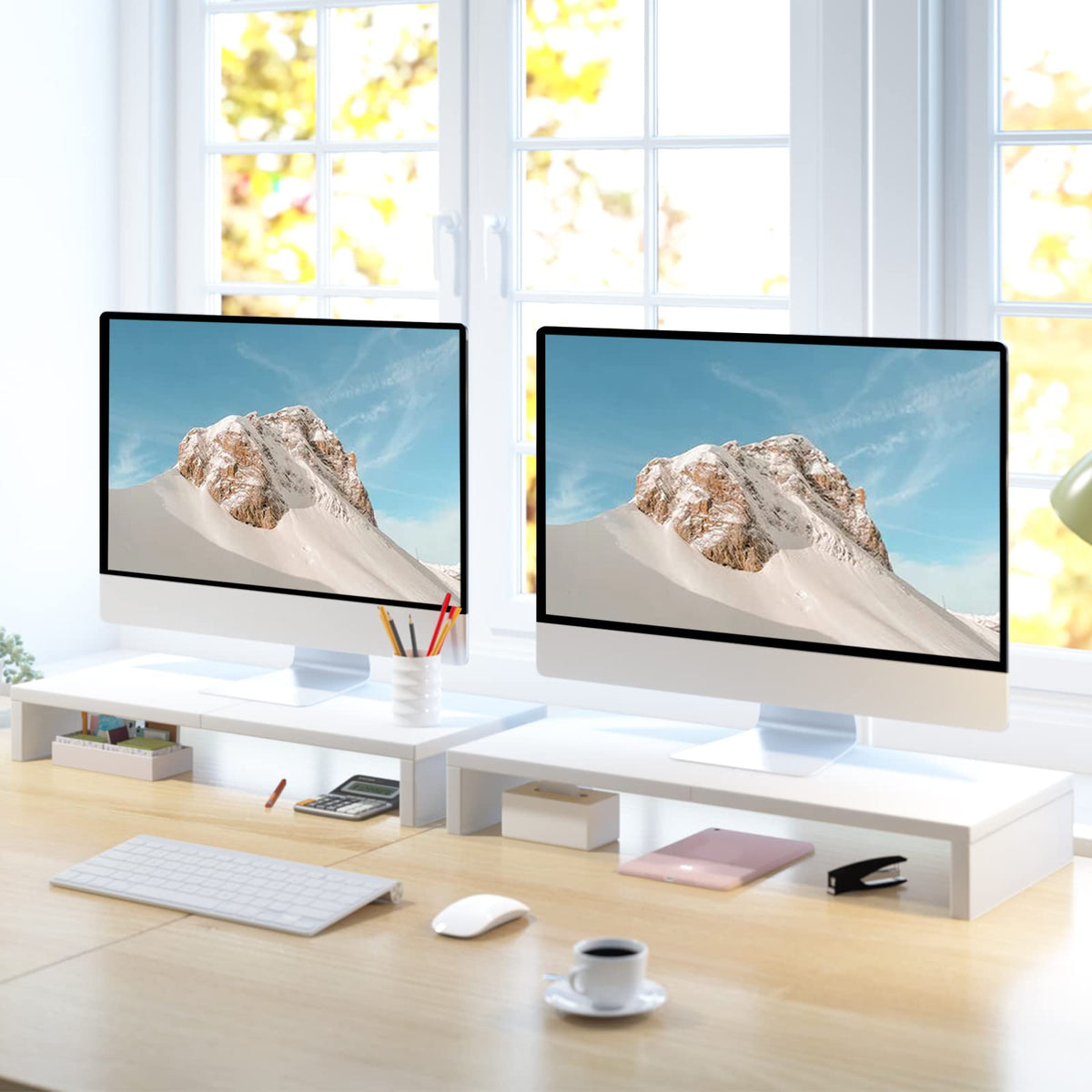 TEAMIX 2 Pack White Monitor Stand Riser 20 inch, Wooden Desktop Stand Shelf