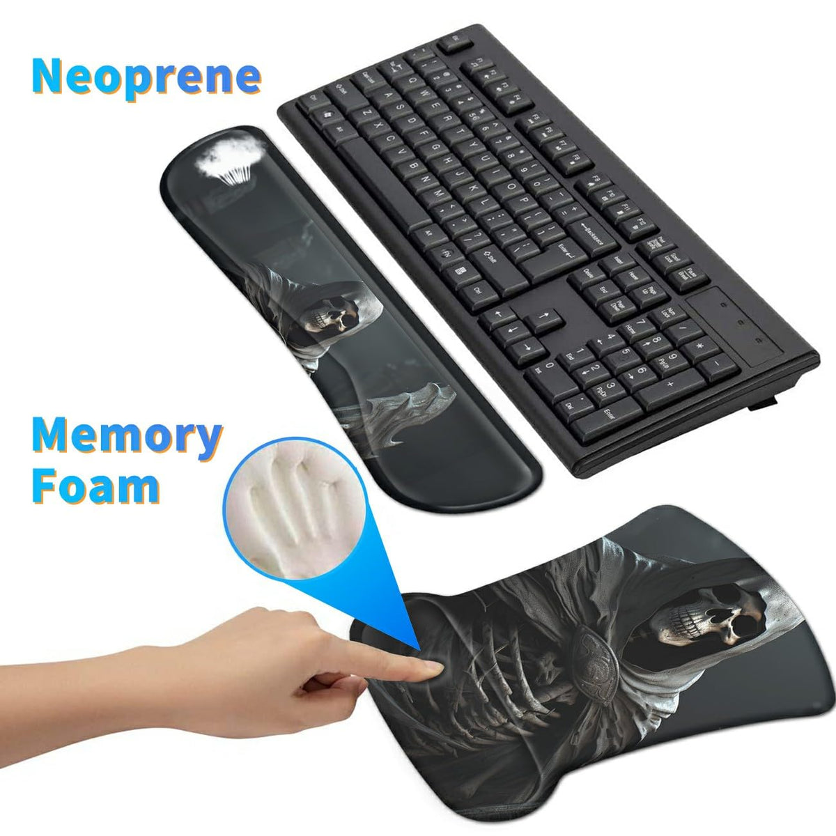 Dikoer 3Pcs Ergonomic Memory Foam Keyboard Wrist Rest Pad Set, Cool Skull