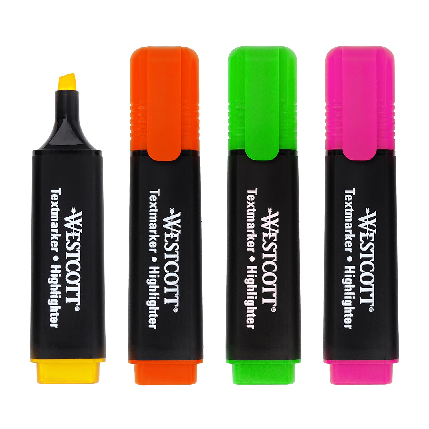 Westcott Highlighters 4 pieces in green, yellow, orange, pink | Pack of 4 brightly coloured