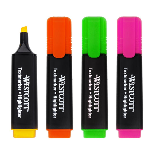 Westcott Highlighters 4 pieces in green, yellow, orange, pink | Pack of 4 brightly coloured