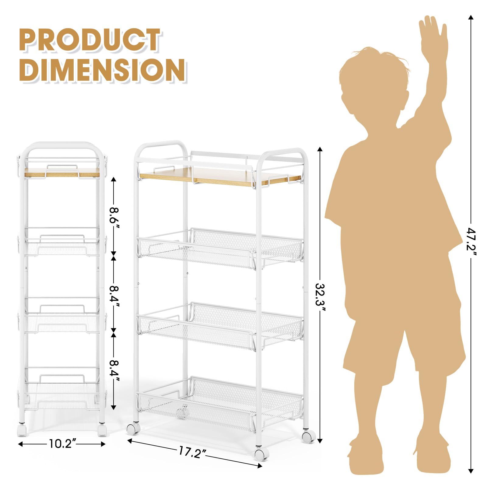 TOOLF 4-Tier Rolling Cart, Metal Utility Cart, Slide Out Storage Cart with Wooden Tabletop and Mesh