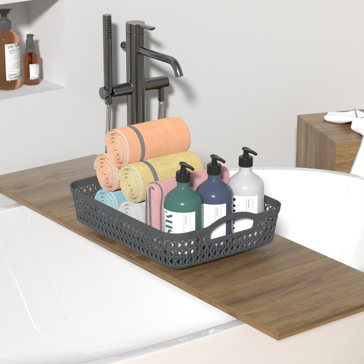 Kekow Plastic Storage Tray Basket with Handle, Set of 6, Gray
