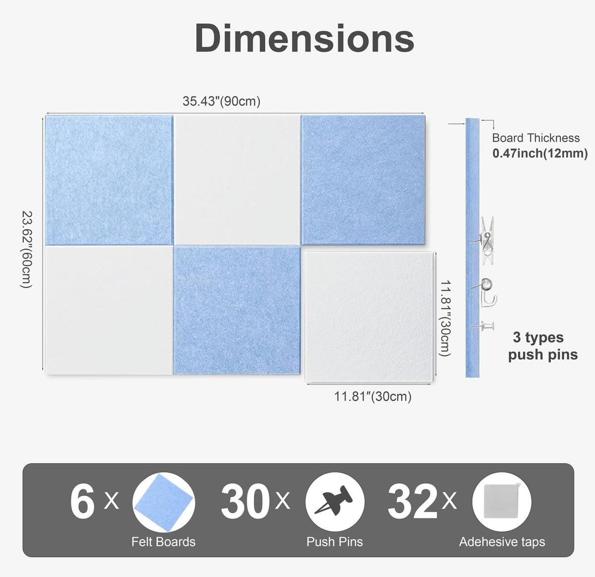 G Gamit 0.47" Thick Felt Pin Board 36"x24" Large Cork Board Alternative 6 Pack 11.81"x11.81"Felt