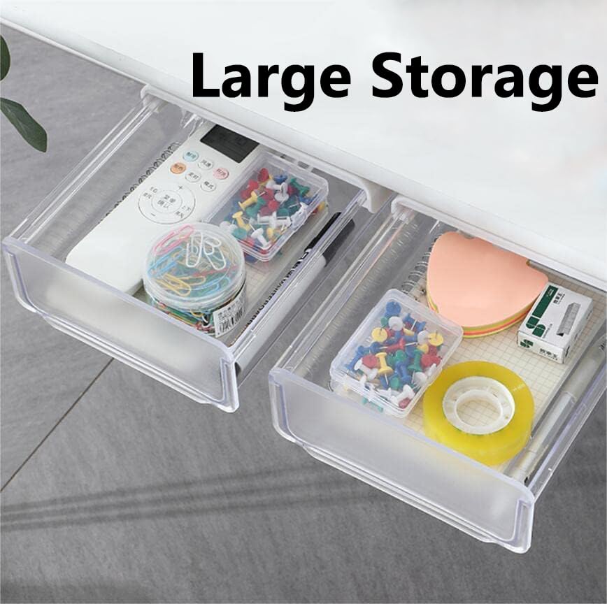 Self-adhesive Under Desk Drawer, 2 Packs Table Hidden Organizer Slide Out Large Storage Desktop