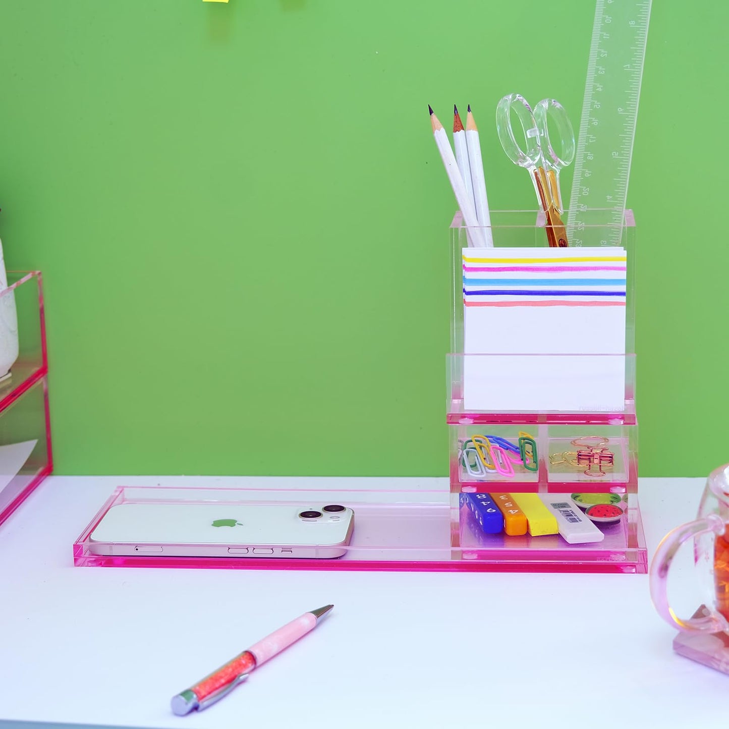 EXPUTRAN Acrylic Desk Organizer 4-Piece Desk Kit + Free Complimentary Acrylic Ruler, Desktop