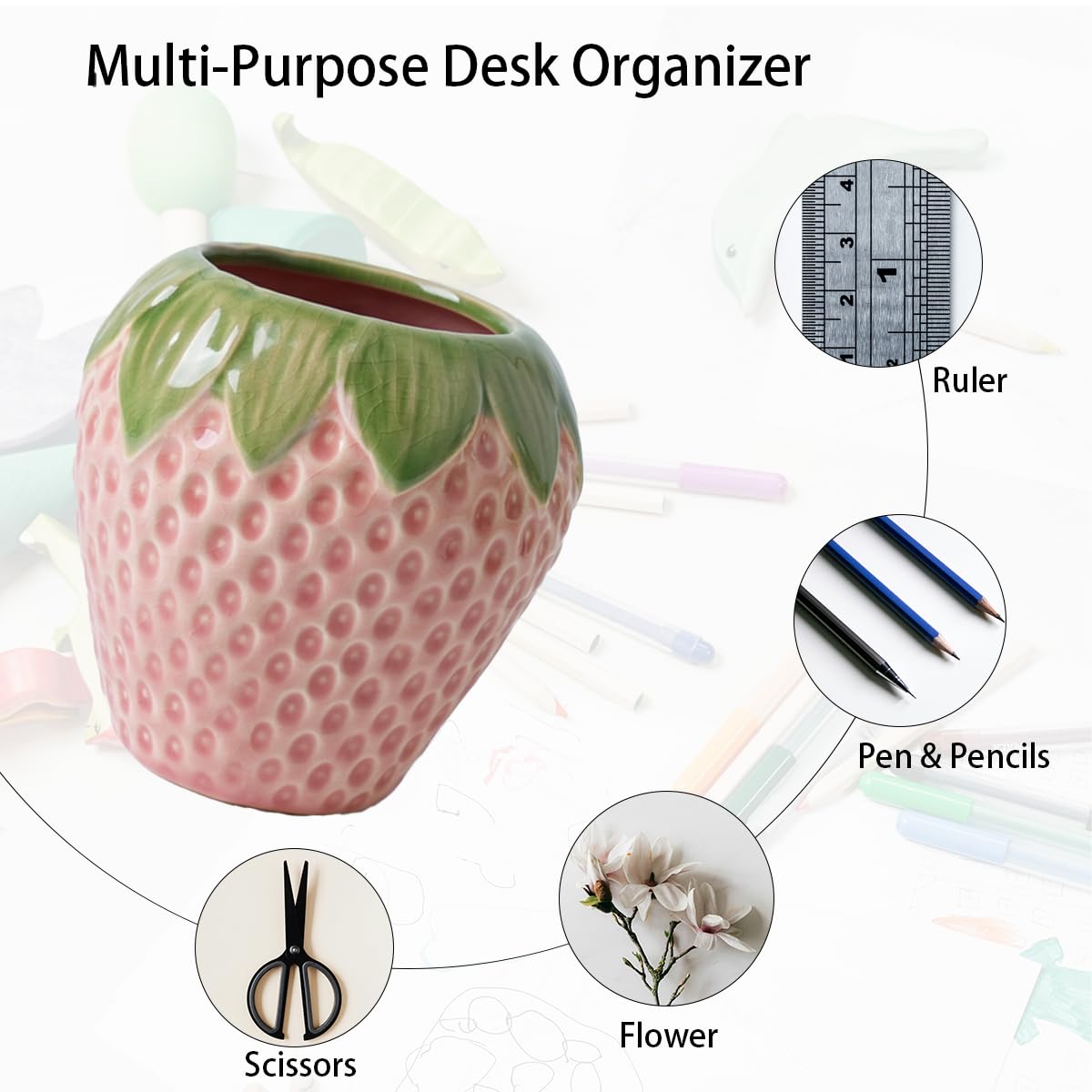 Sixbaole Pink Strawberry Ceramic Pencil Holder for Desk, Cute Office Decor