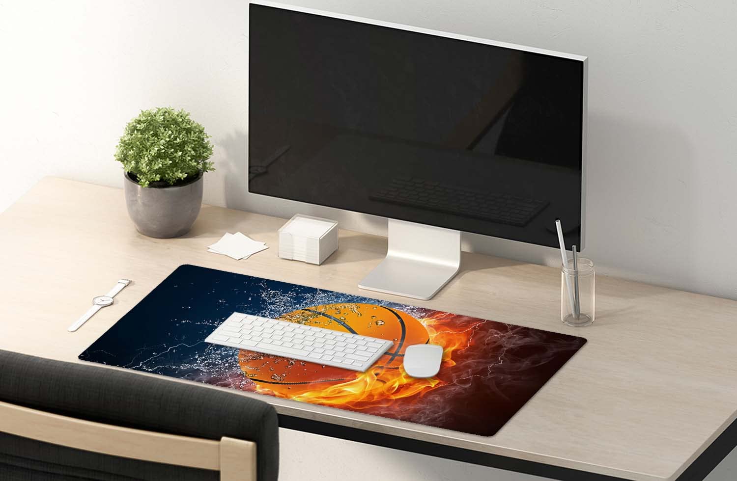 SSOIU Extended Gaming Mouse Pad (35.5x15.7 in), Basketball Ball in Fire and Water Large Non-Slip