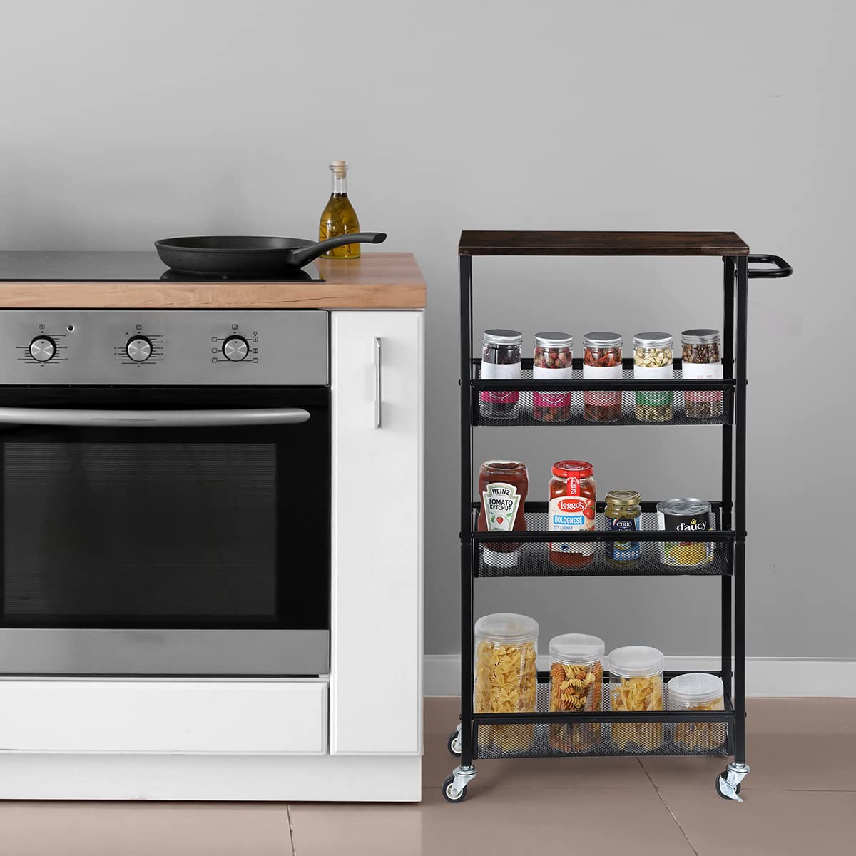 Slim Storage Cart, Metal Narrow Rolling Storage Cart for Kitchen, Black