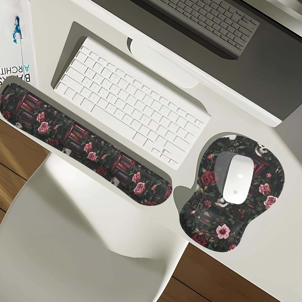 Gothic Skull Rose Ergonomic Mouse Pad with Wrist Rest & Keyboard Wrist Support Set - Non-Slip